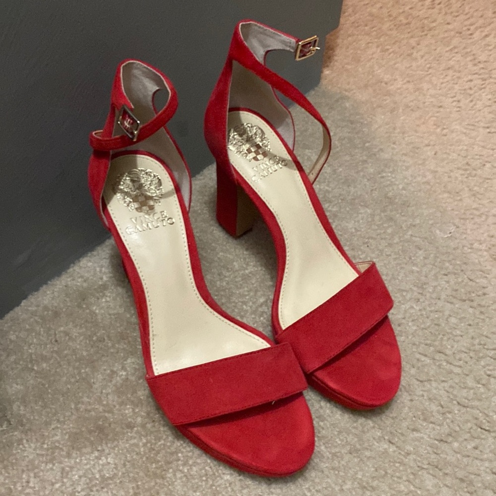 Red Suede Ankle-Strap Block Heel Sandals